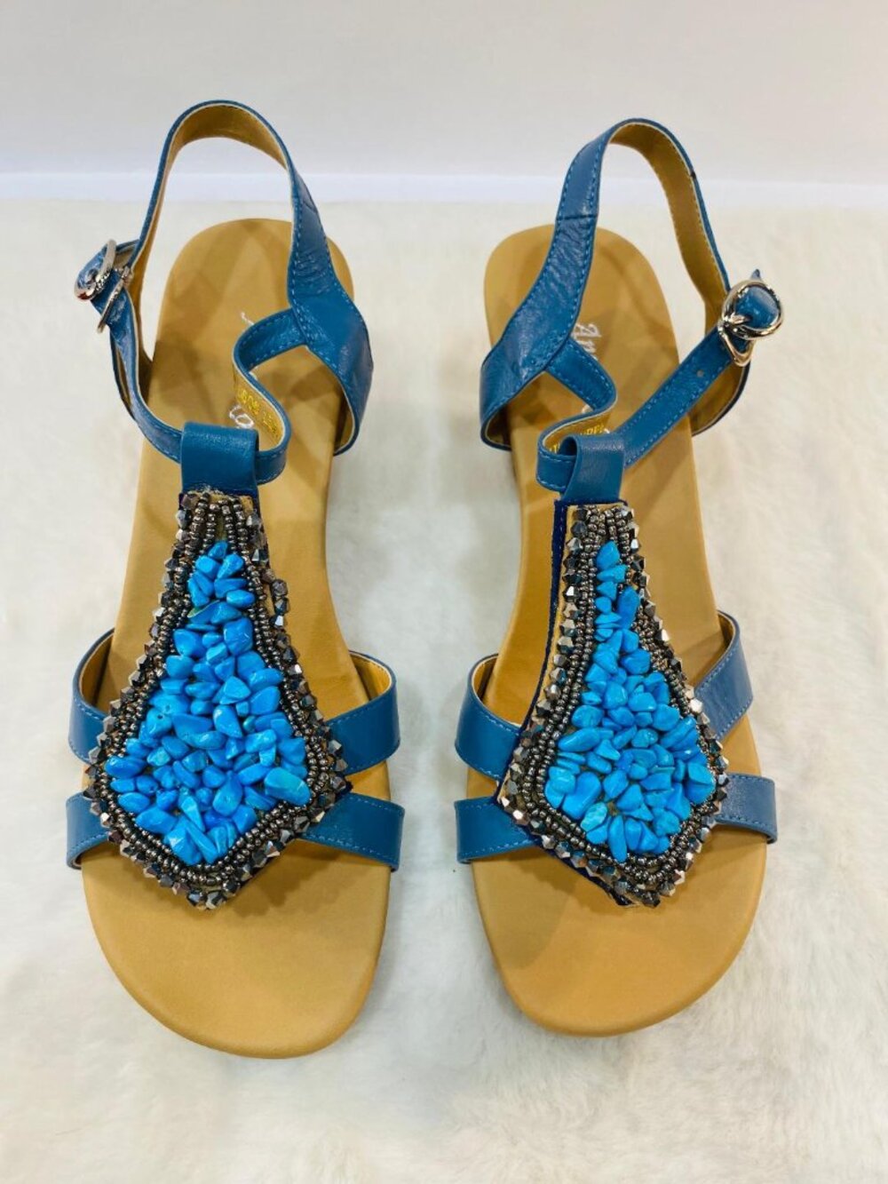 Anne Ross "Sammy" Blue Stone and Cork Wedge Shoes Sandals Sz 7 1/2